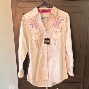 Rock & Roll Cowgirl White Button Down Shirt with Pink Embroidery